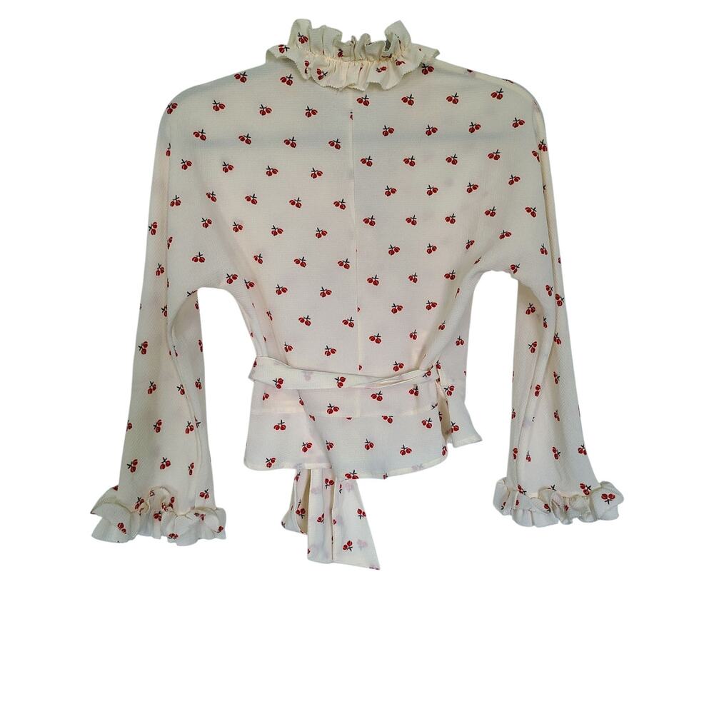 Rouje Paris Frou Frou Cherry Print Wrap Blouse Crepe Ruffle Top Cream Sz 34 US 2 - Picture 5 of 7
